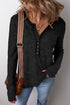 Acid Wash Waffle Knit Buttoned Neckline Long Sleeve Top
